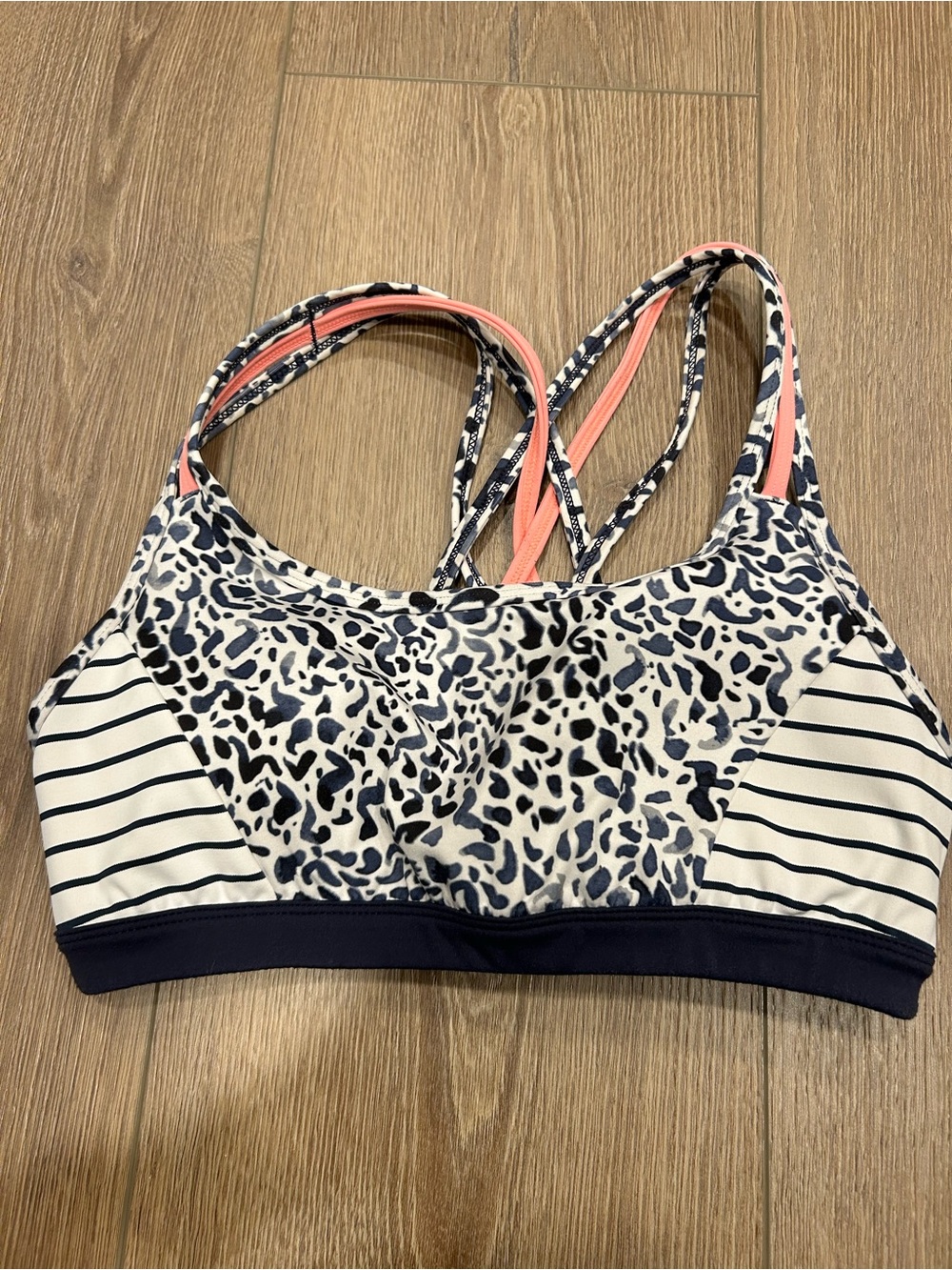 Athleta Animal Print & Stripe Sports Bra - Navy and Pink